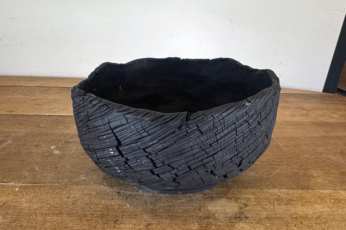 Round Semi Cascade 24cm Black Textured Stoneware Unglazed Bonsai Pot