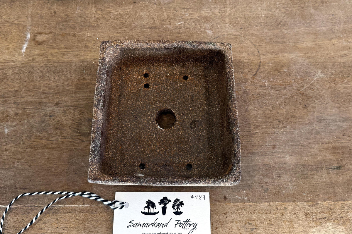 Square 14cm Brown Stoneware Woodash Bonsai Pot