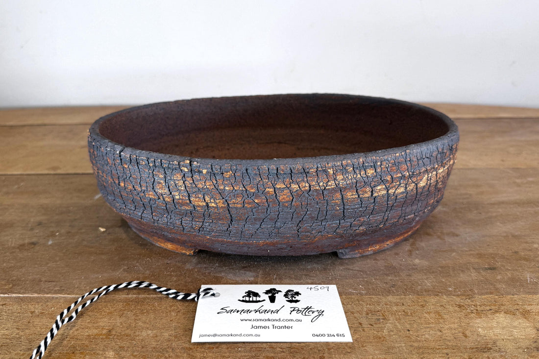 Oval 31cm White and Brown Stoneware Unglazed Bonsai Pot