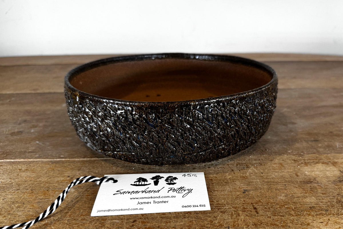Round 24cm Brown and Blue Glazed Stoneware Bonsai Pot
