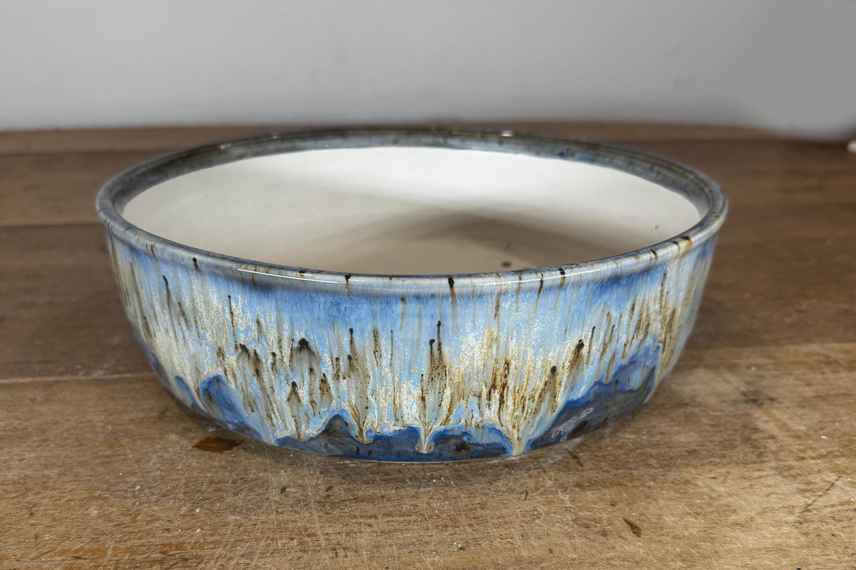 Round 25.5cm Blue Glazed Stoneware Bonsai Pot