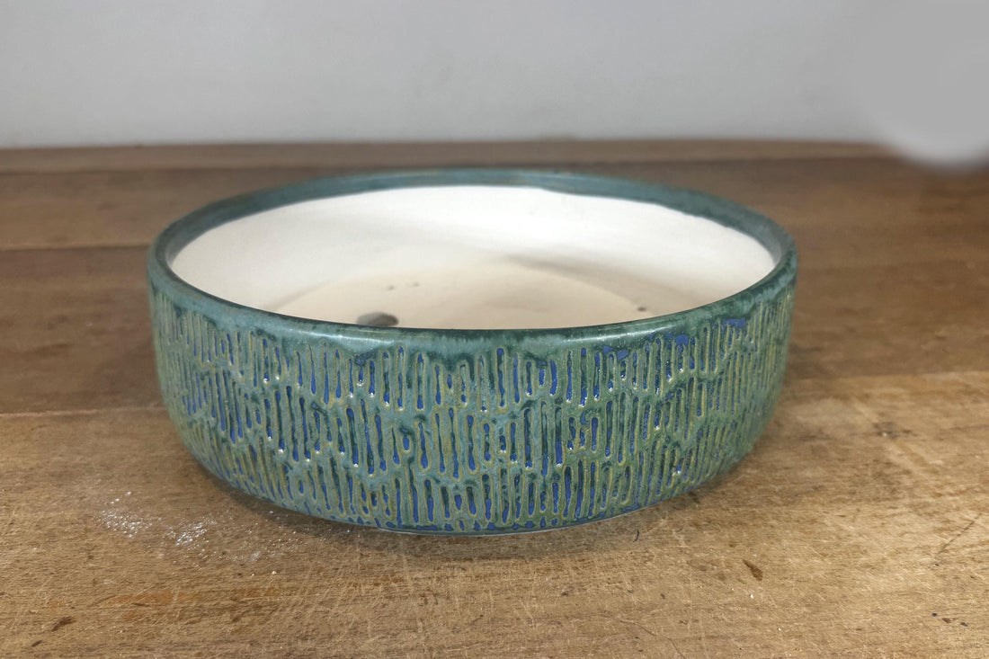 Round 24.5cm Blue Green Glazed Stoneware Bonsai Pot