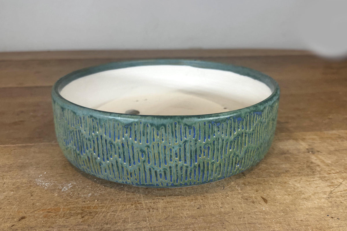 Round 24.5cm Blue Green Glazed Stoneware Bonsai Pot