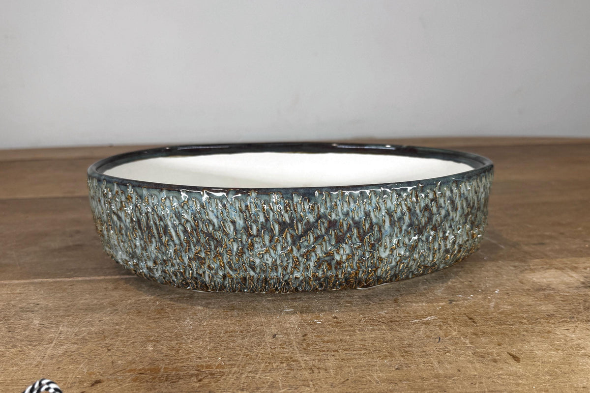 Oval 27.5cm Green and Brown Glazed Stoneware Bonsai Pot