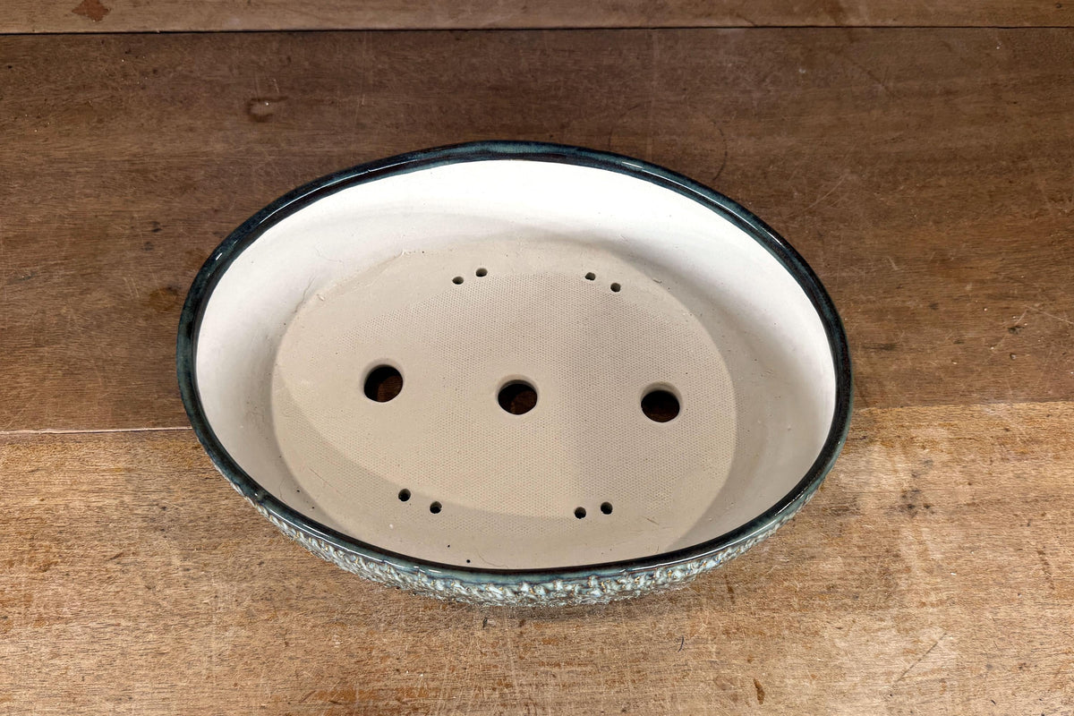 Oval 27.5cm Green and Brown Glazed Stoneware Bonsai Pot
