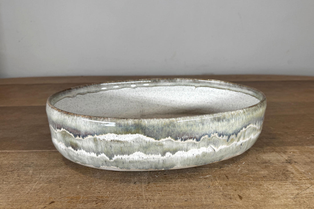 Oval 29.5cm Grey-Green Glazed Stoneware Bonsai Pot