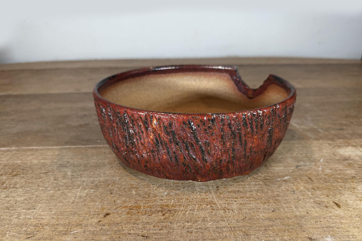 Round 21.5cm Red Brown Glazed Stoneware Bonsai Pot