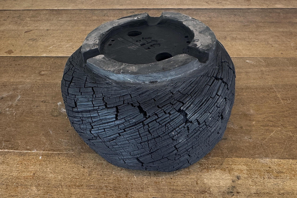Round Semi Cascade 24cm Black Textured Stoneware Unglazed Bonsai Pot