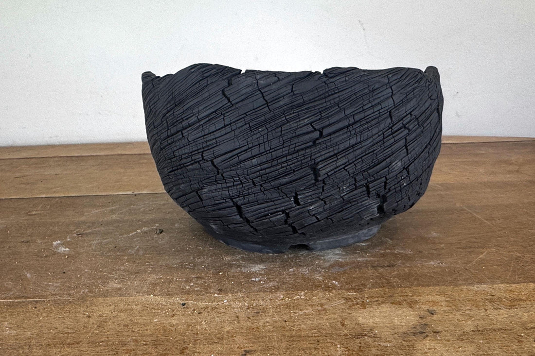 Round Semi Cascade 24cm Black Textured Stoneware Unglazed Bonsai Pot