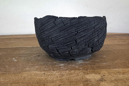 Round Semi Cascade 24cm Black Textured Stoneware Unglazed Bonsai Pot