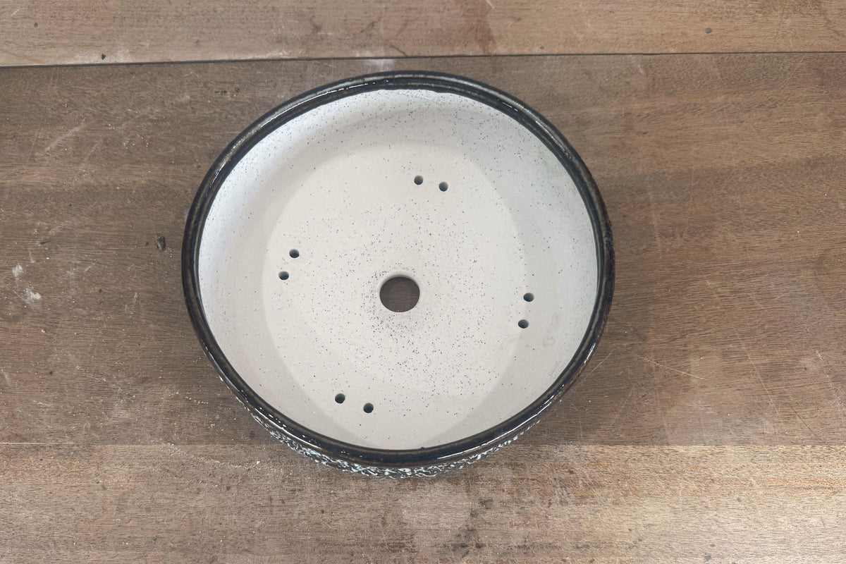 Round 20.5cm Brown and White Glazed Stoneware Bonsai Pot