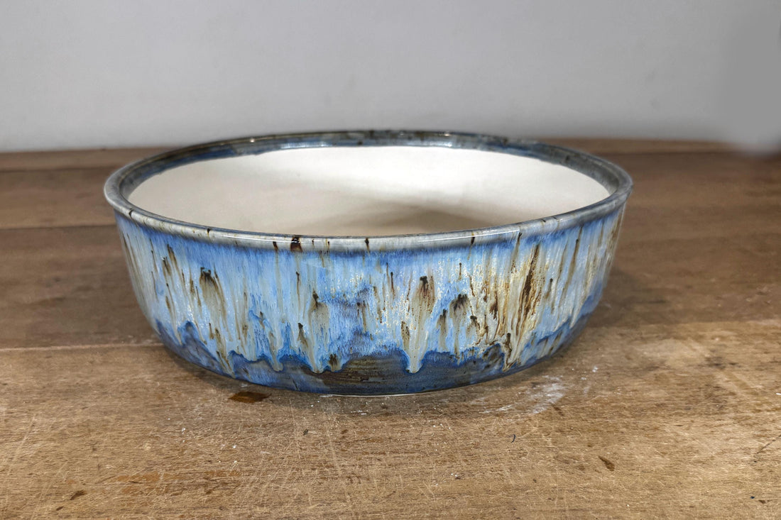 Round 25.5cm Blue Glazed Stoneware Bonsai Pot