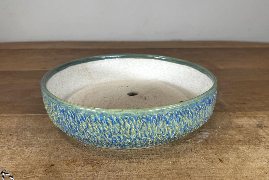 Round 26.5cm Blue Green Glazed Stoneware Bonsai Pot