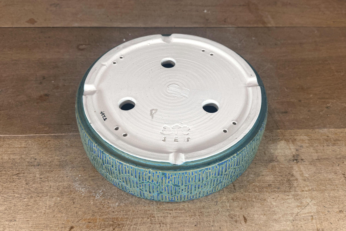 Round 24.5cm Blue Green Glazed Stoneware Bonsai Pot