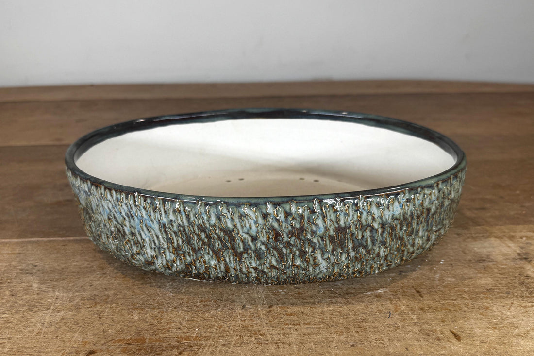 Oval 27.5cm Green and Brown Glazed Stoneware Bonsai Pot