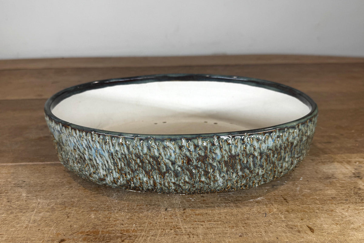 Oval 27.5cm Green and Brown Glazed Stoneware Bonsai Pot