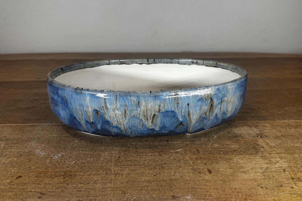Oval 28.5cm Blue Glazed Stoneware Bonsai Pot