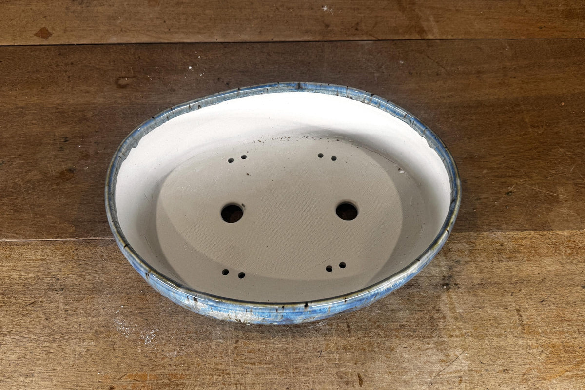 Oval 28.5cm Blue Glazed Stoneware Bonsai Pot