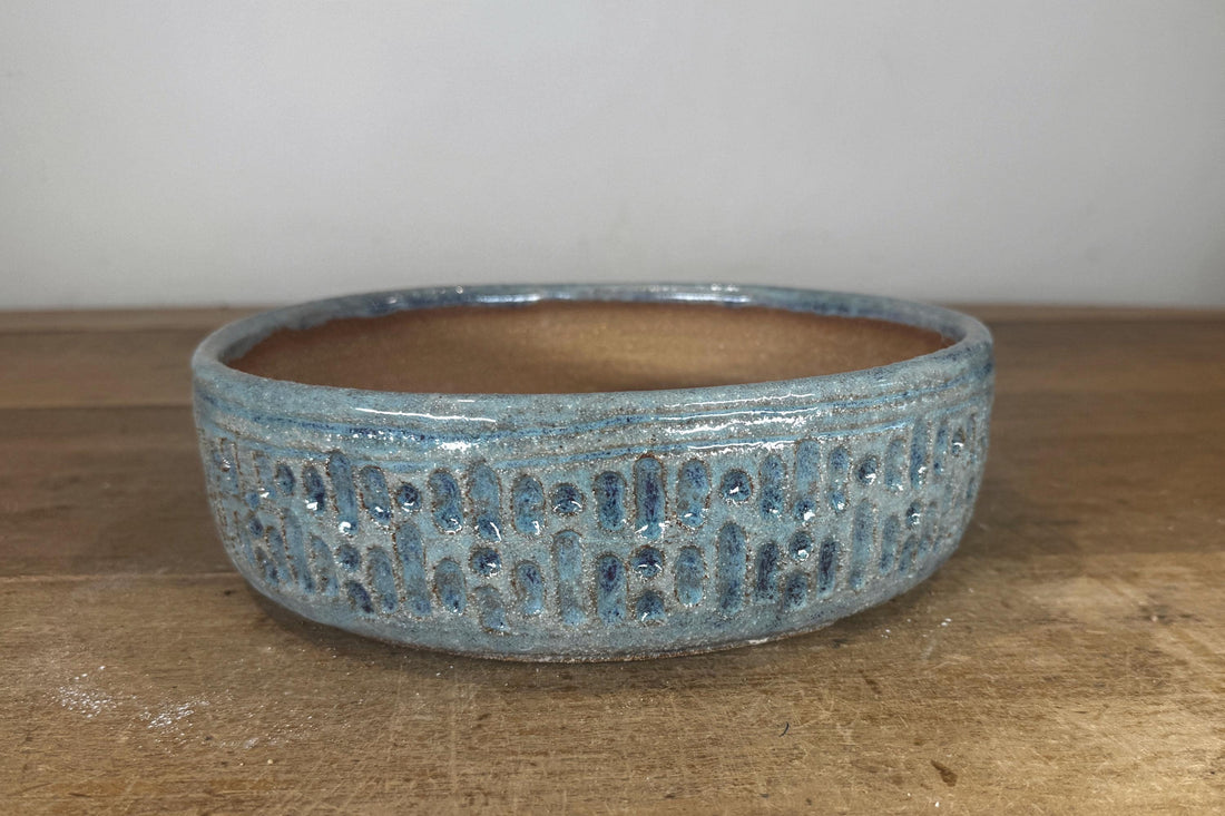 Round 24cm Blue Glazed Stoneware Bonsai Pot